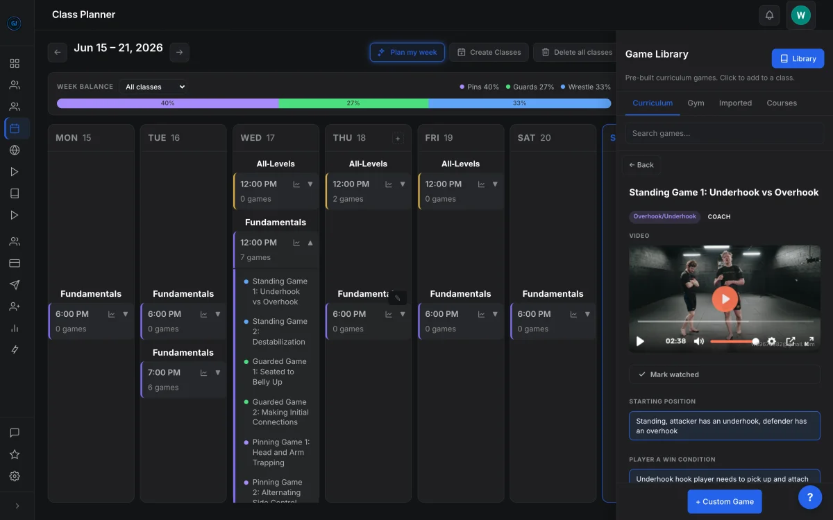 GrapplingU class planner with a Greg Souders game open on laptop