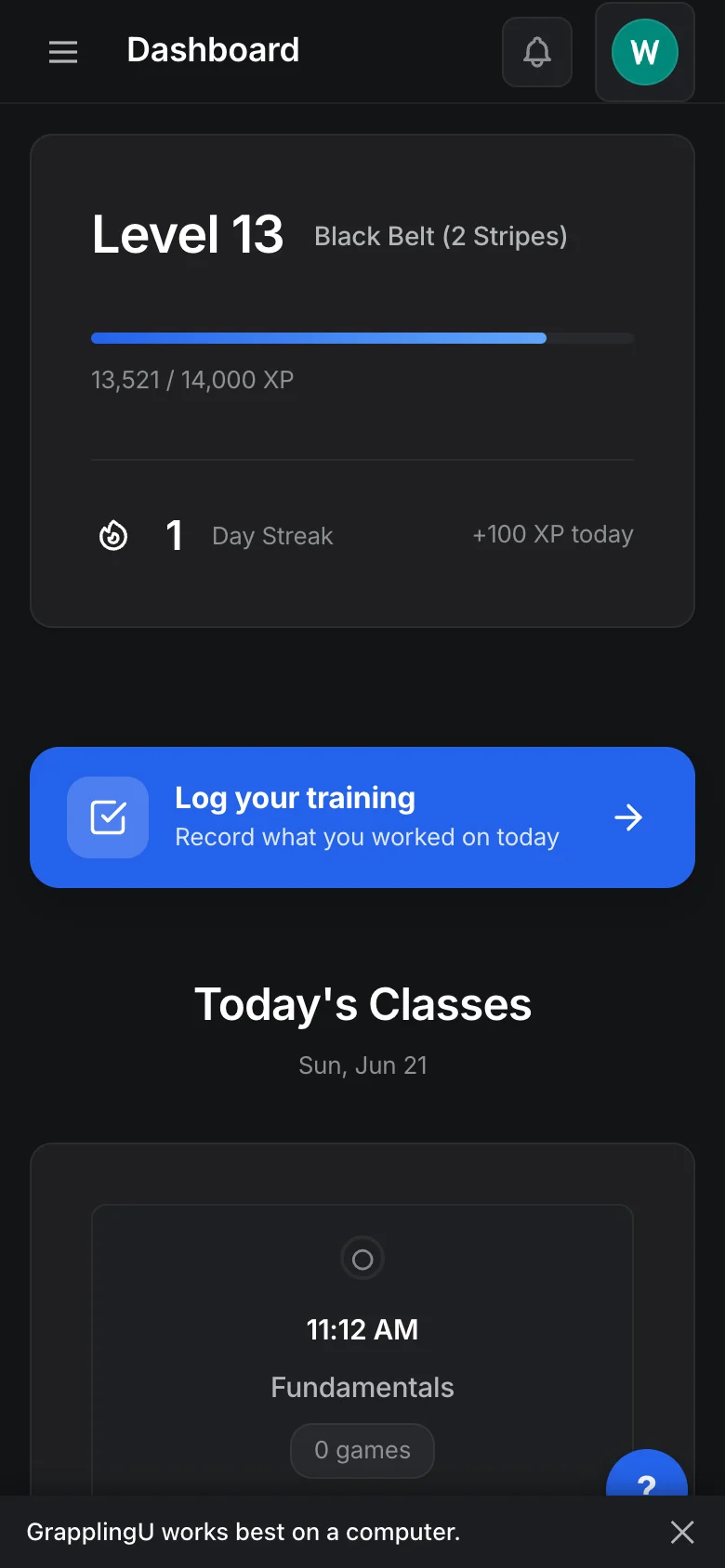 GrapplingU student dashboard on phone