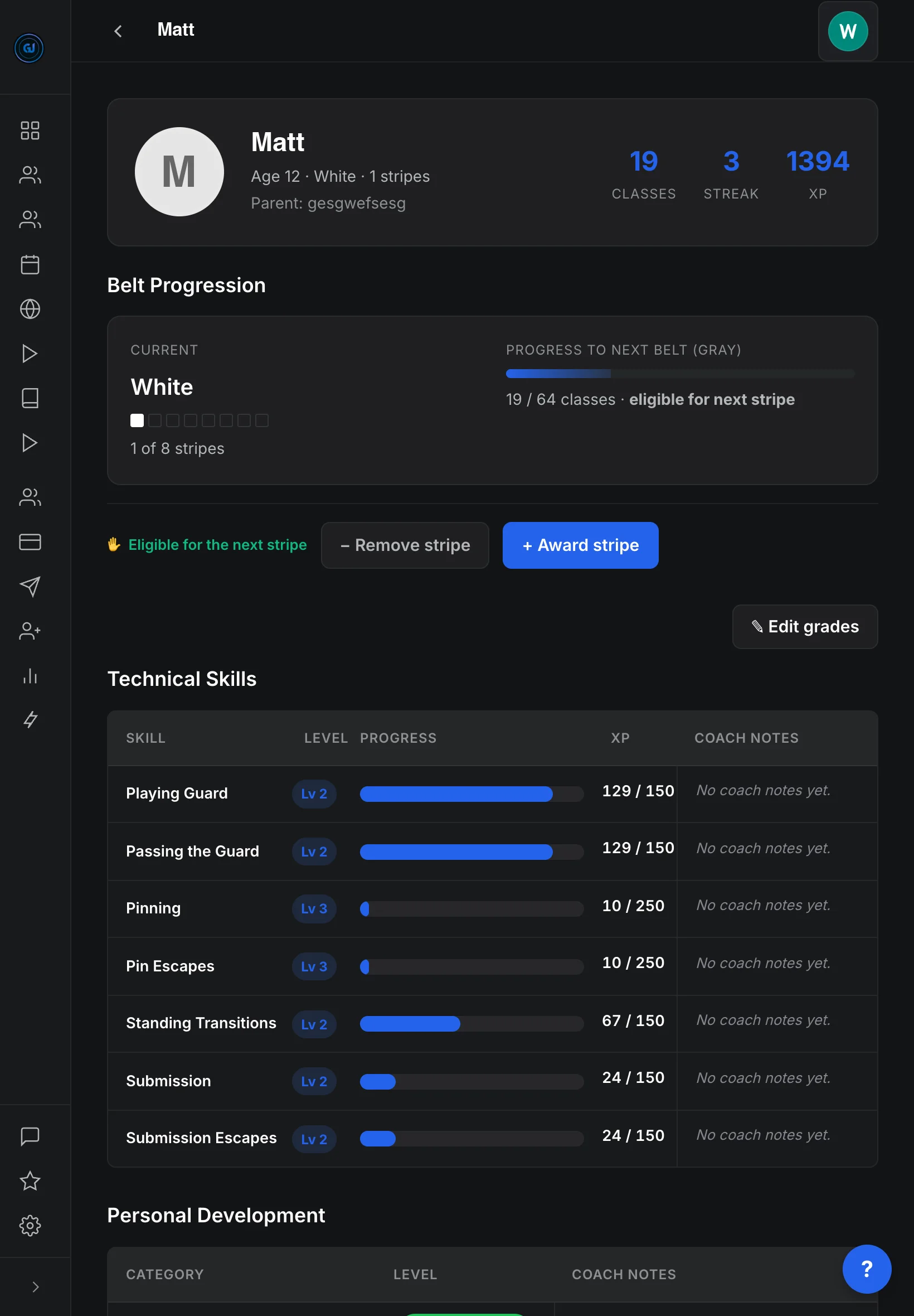 GrapplingU coach dashboard on tablet