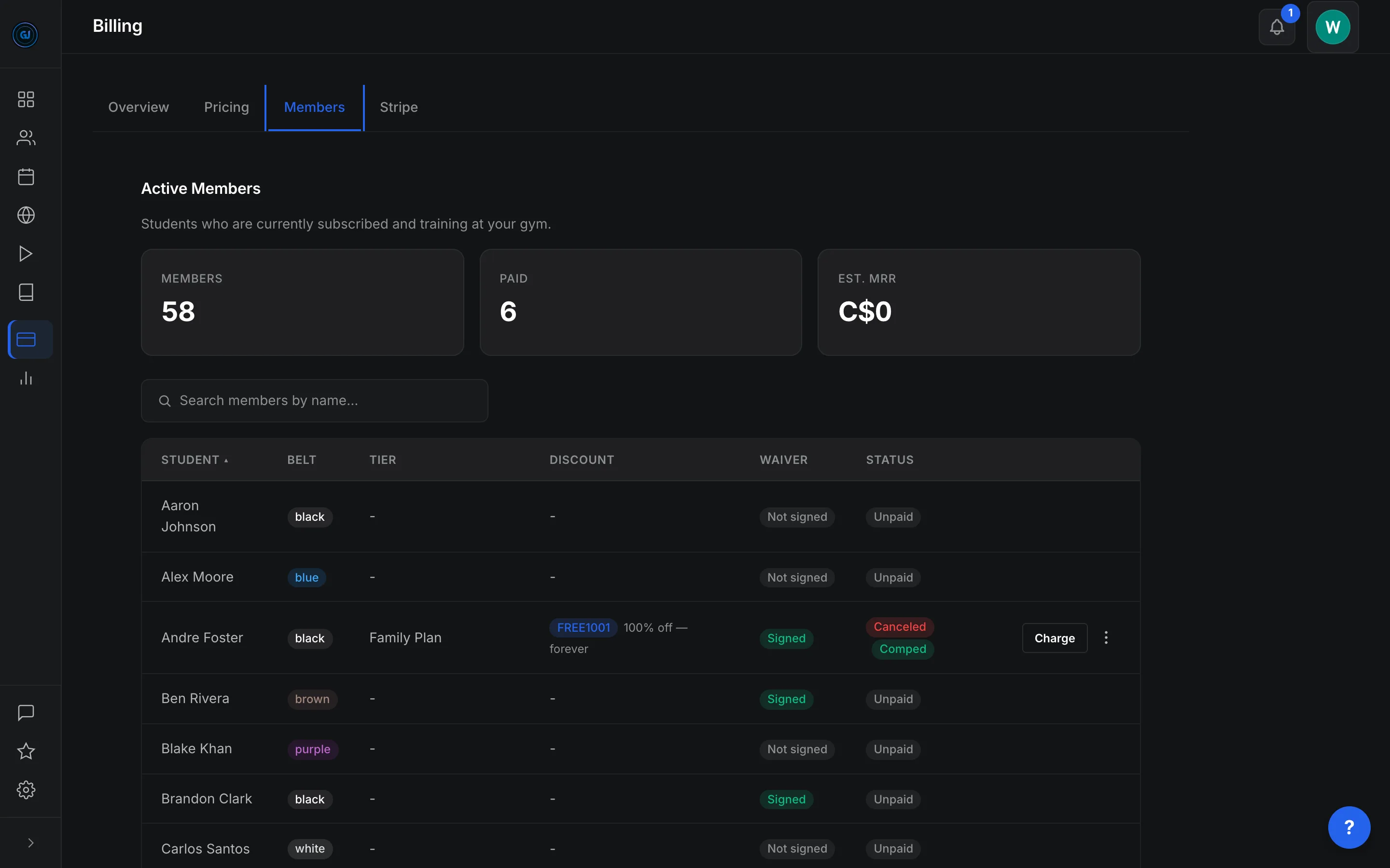 Membership billing dashboard with member roster, belt levels, waivers, and payment status