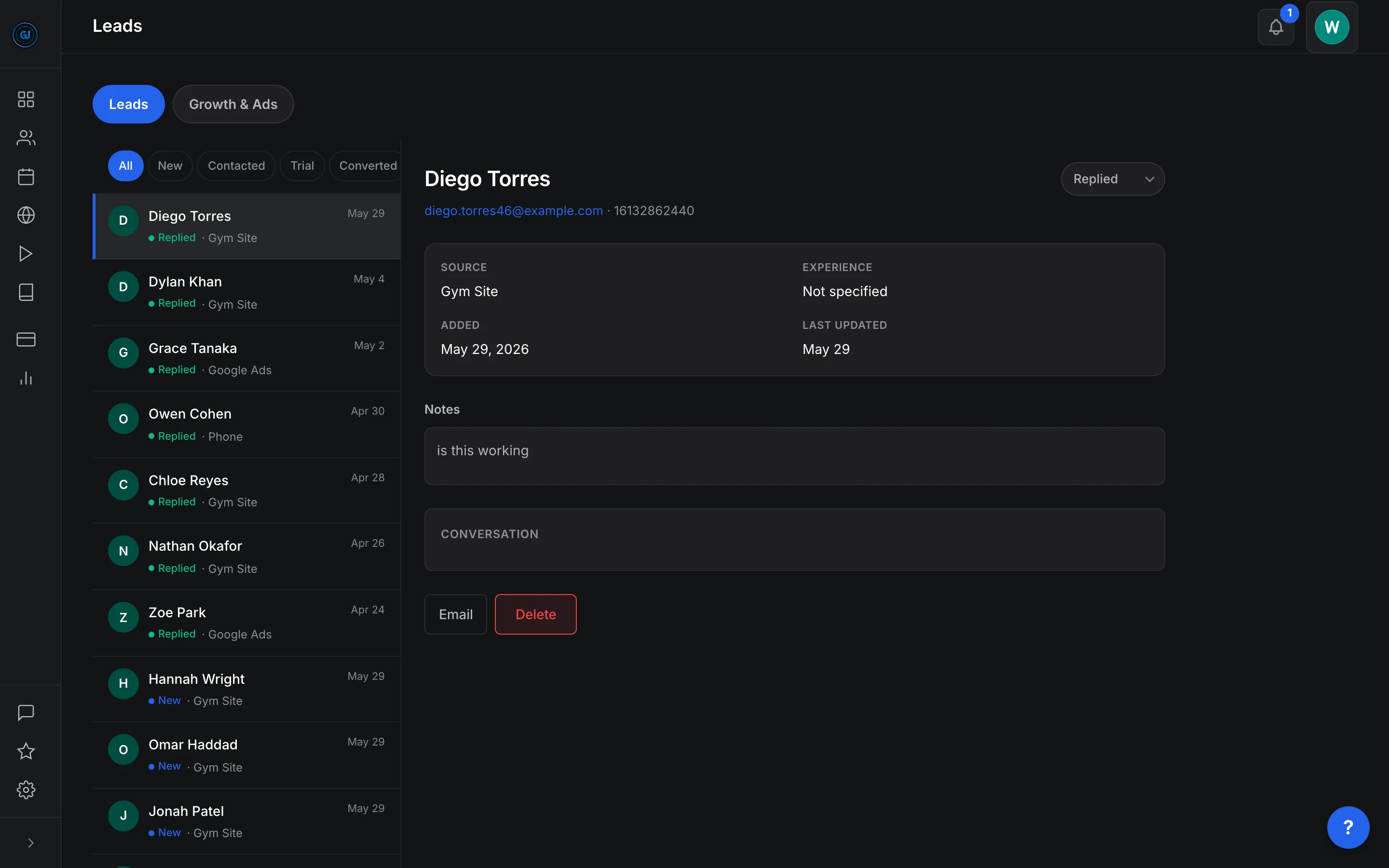 Lead pipeline CRM showing prospect status, source, and follow-up notes