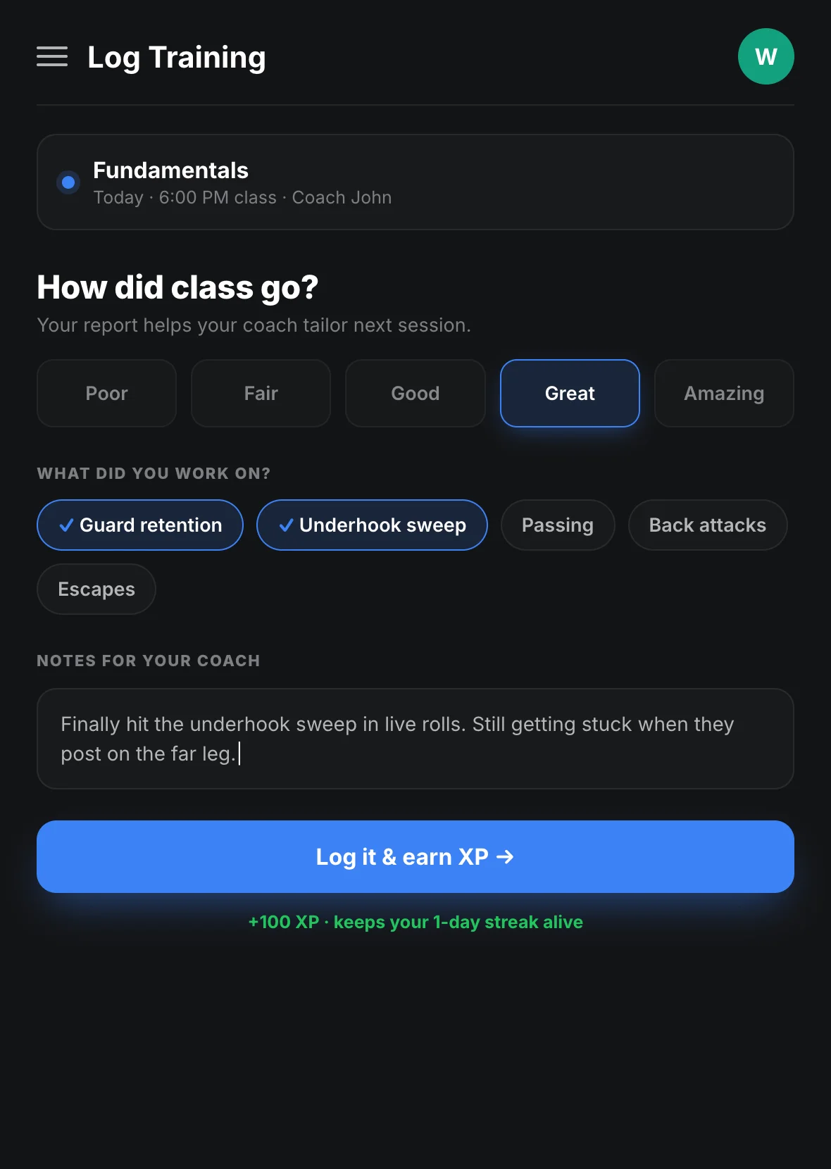 Student class report: rate how class went, tag what you worked on, and leave notes for your coach